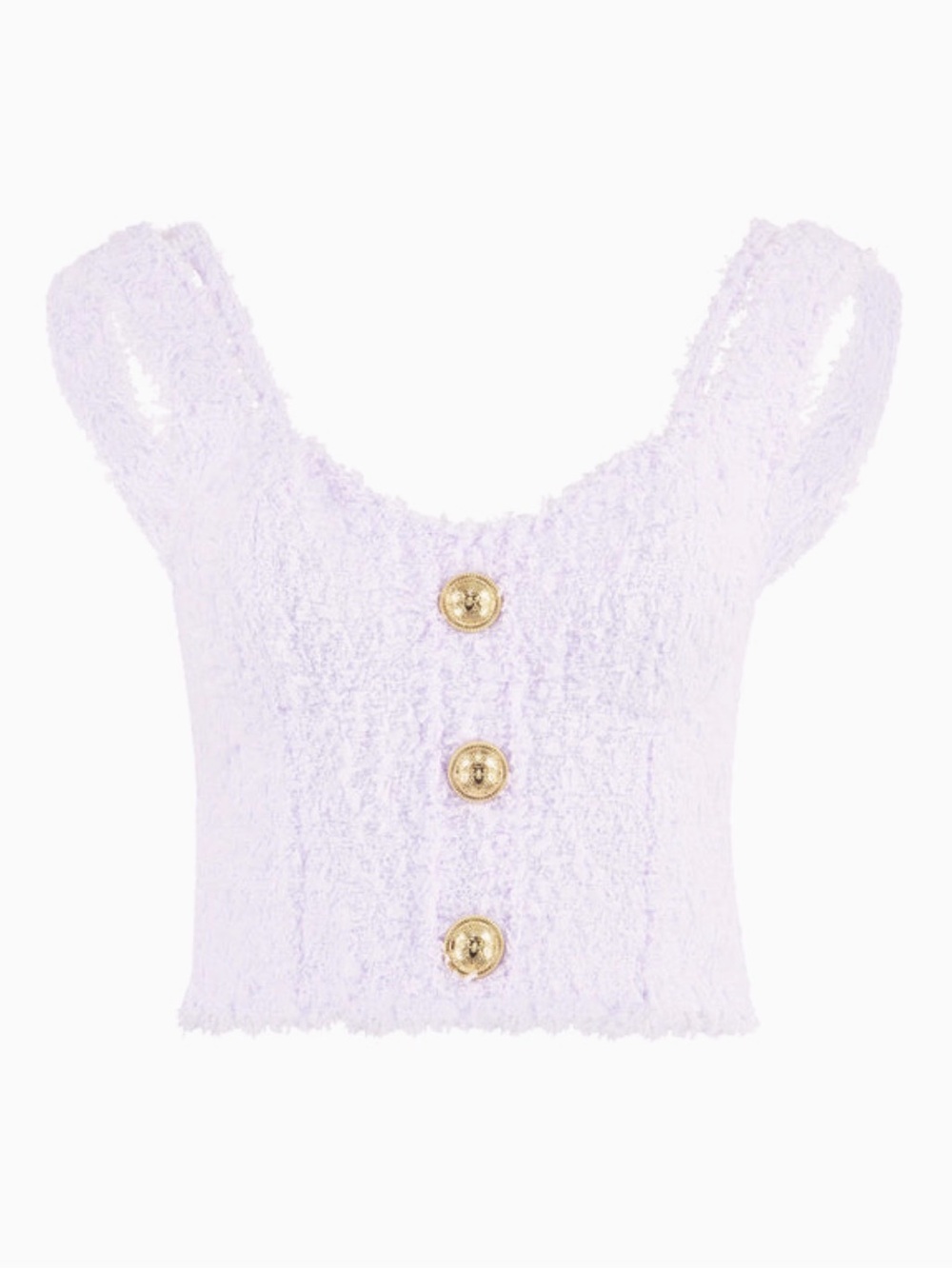 Balmain Lavender Bouclé Crop Top with Gold Buttons